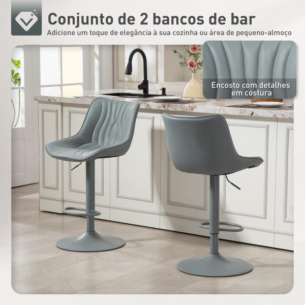 Conjunto de 2 Bancos de Bar Bancos Altos de Cozinha Giratórios com Altura Ajustável e Couro Sintético 47,5x54x92 - 110 cm Cinzento