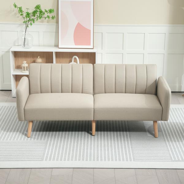 Sofá - cama de 2 Lugares em Linho Sintético com Encosto Ajustável e Braços Desmontáveis 173x75x73 cm Bege