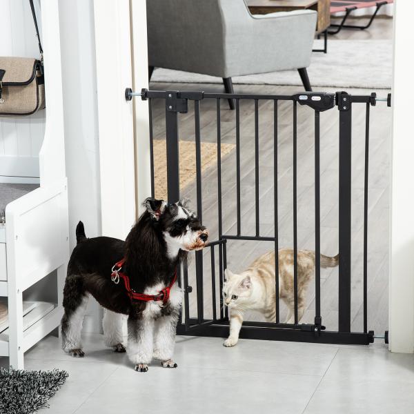 Barreira de Segurança para Animais de Estimação 74 - 80cm com Porta com Fechamento Automático e Sistema de Duplo Bloqueio Altura 76,2cm Preto