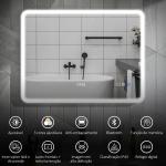Espelho de Casa de Banho com Luz LED 80x60 cm Bluetooth 3 Cores de Luz Relógio Digital Função Antiembaciamento Função de Memória Prata