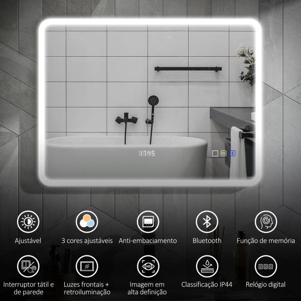 Espelho de Casa de Banho com Luz LED 80x60 cm Bluetooth 3 Cores de Luz Relógio Digital Função Antiembaciamento Função de Memória Prata