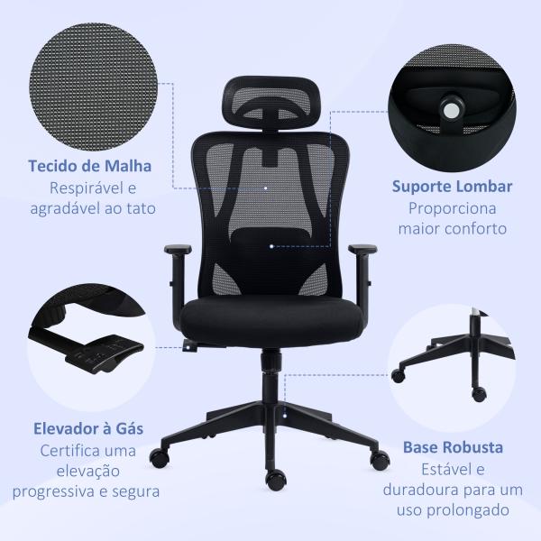 Cadeira de Escritório com Apoio para os Braços 2D Cadeira de Escritório com Altura Ajustável Apoio para a Cabeça Suporte Lombar Alto 67x64x117 - 127cm Preto