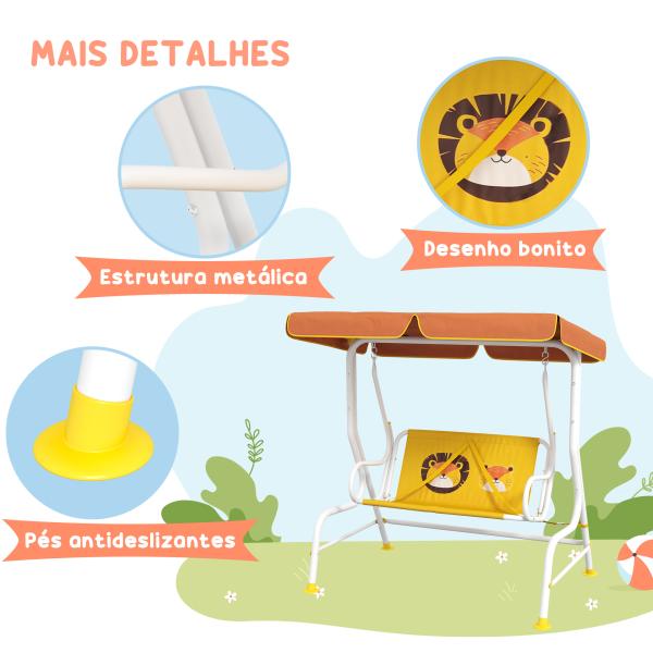 Balanço de Jardim Exterior Balanço de Jardim Infantil de 2 Lugares com Padrão de Leão Carga 60 kg 110x70x110 cm Amarelo