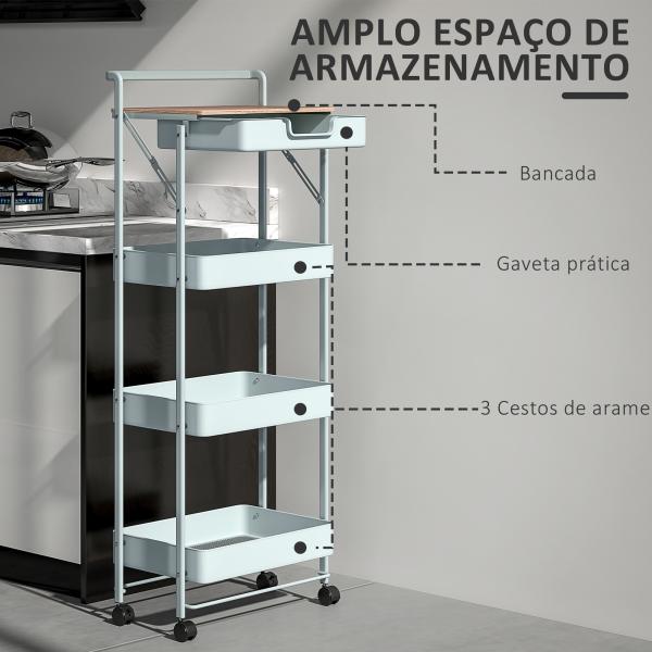 Carrinho Auxiliar com Rodas de 4 Níveis Carrinho de Cozinha com 1 Gaveta e 3 Cestos Carrinho Organizador 45x29,5x117,5 cm Verde