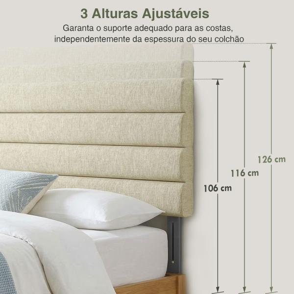 Cabeceira de Cama 140 cm Altura Ajustável em 3 Níveis 106/116/126 cm Estofada em Linho Bege