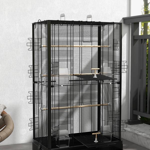 Gaiola para Pássaros 61x36,5x98 cm com Portas Poleiros Bandeja Removível e Alças para Canários Periquitos Preto