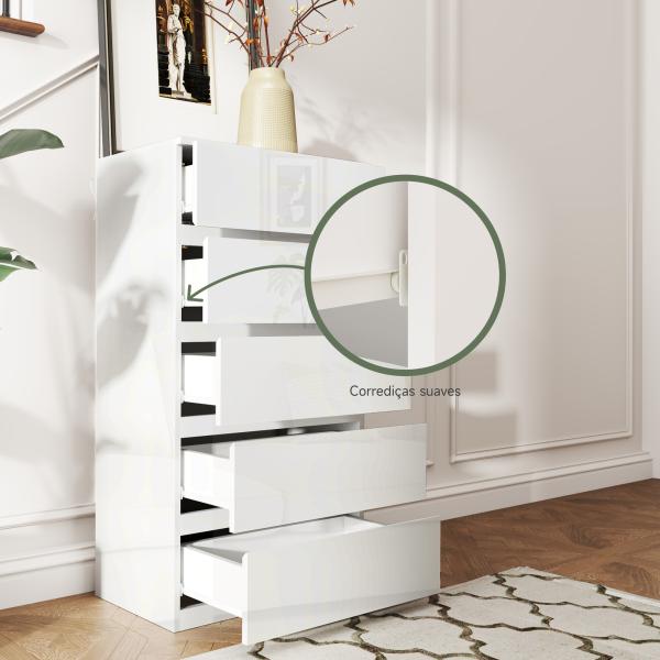 Cómoda com 5 Gavetas de Madeira Cómoda de Dormitório Cómoda Branca Estilo Moderno 55x33x80 cm Branco Brilhante