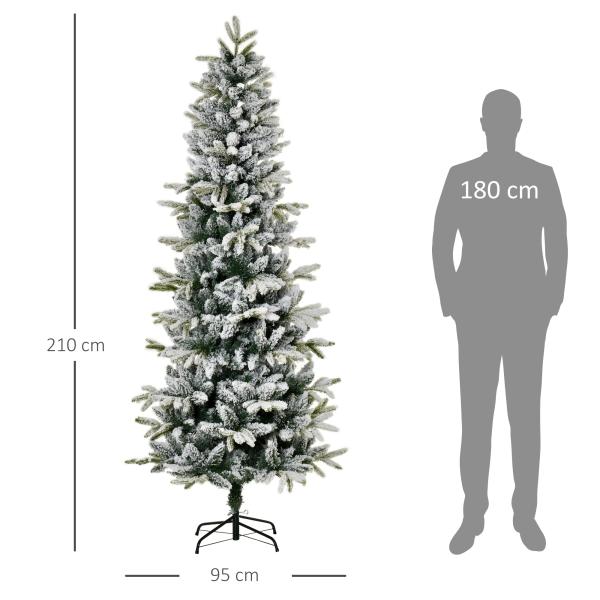 Árvore de Natal Ø95x210cm Neve Artificial com 784 Pontas de Ramos Ignífugos e Suporte de Aço Decoração de Natal para Interiores Verde e Branco