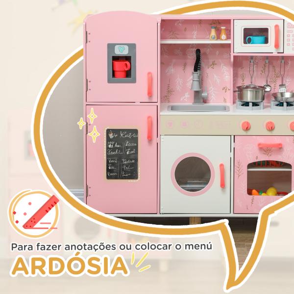 Cozinha de Madeira para Crianças com Sons Fogão Forno Micro - Ondas Máquina de Gelo e Acessórios 90x33,3x91,6 cm Rosa