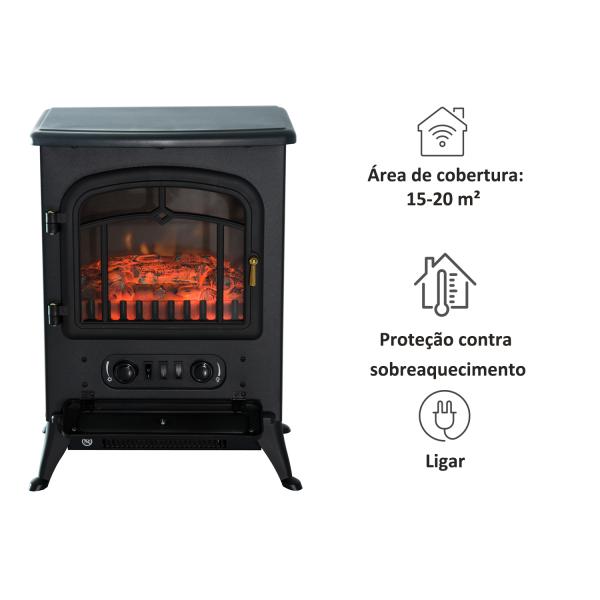 Lareira Elétrica Portátil 1000/2000W com Efeito de Chama Realista Termostato para Ambientes entre 15 - 20m² 45x28x54cm Preto