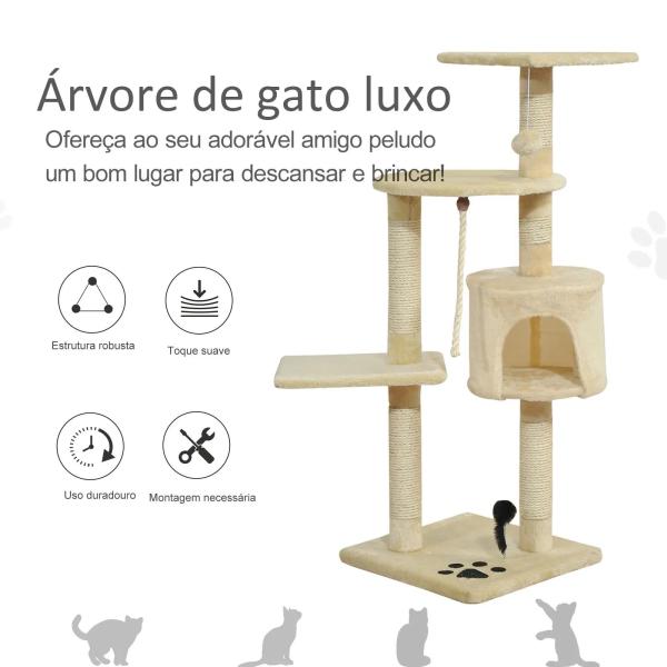 Árvore Arranhador para Gatos com 4 Níveis Poste de Sisal Caverna Plataformas e Brinquedos Divertidos 75x40x112 cm Bege