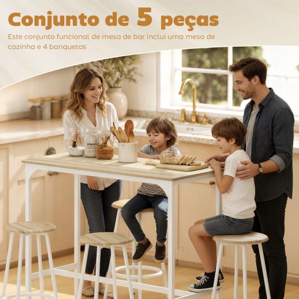 Conjunto de Móveis Altos de Bar com 5 Peças Mesa de Refeição Industrial e 4 Bancos Redondos Madeira e Branco