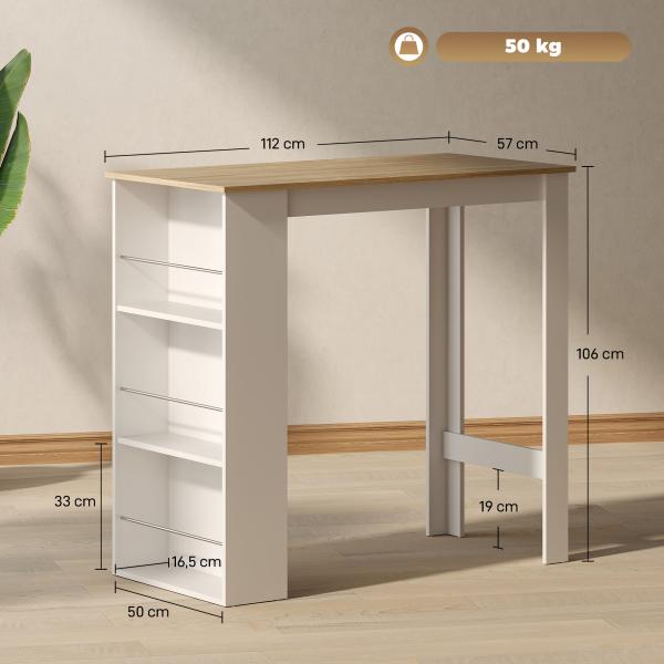 Mesa de Bar de Bistrô com 3 Prateleiras com Suporte Estilo Moderno para Cozinha e Sala de Jantar 112x57x106 cm Branco