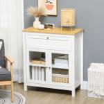 Aparador de Cozinha Moderno Móvel Buffet Auxiliar com Gaveta Prateleira Ajustável e 2 Portas de Vidro 80x40x90 cm Branco e Madeira