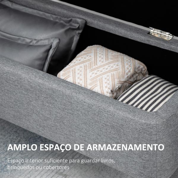 Banco de Armazenamento Estofado em Linho com Tampa Abatível e Pés de Aço Carga Máxima 150kg 101x38,5x44,5 cm Cinza