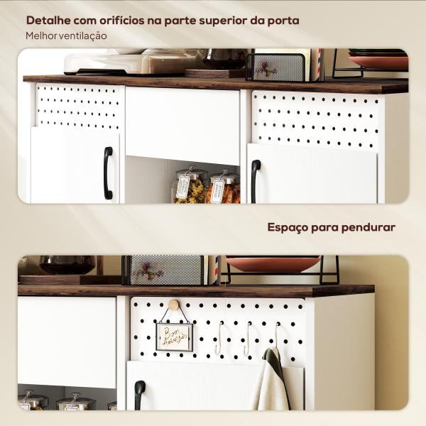 Aparador de 2 Portas com Orifícios 2 Compartimentos e Gaveta Prateleiras Ajustáveis 100x40x80 cm Branco e Castanho Rústico