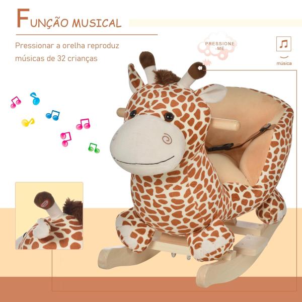Baloiço para Crianças em Madeira com 32 Canções Cinturão de Segurança Girafa de Pelúcia 60x33x45 cm Marrom Claro