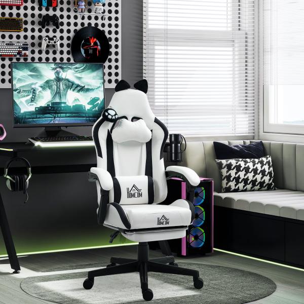 Cadeira Gaming com Orelhas Cadeira Gamer Reclinável com Altura Ajustável e Suporte Lombar 65x62x116 - 124 cm Branco