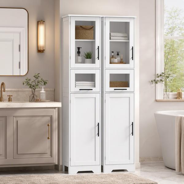 Coluna Casa de Banho com Porta de Vidro Prateleiras Ajustáveis Gaveta para Espaços Pequenos 40x31x170 cm Branco