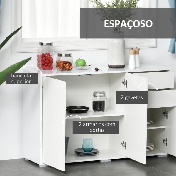 Aparador de Sala de Estar com 3 Portas 2 Gavetas e Prateleira Interior Ajustável Móvel Auxiliar de Armazenamento para Cozinha Dormitório Anti - Rolamento 117x36x74cm Branco