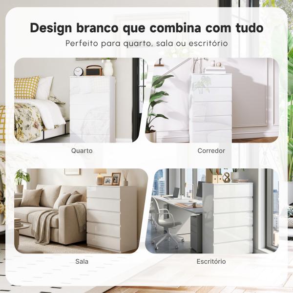 Cómoda com 5 Gavetas de Madeira Cómoda de Dormitório Cómoda Branca Estilo Moderno 55x33x80 cm Branco Brilhante