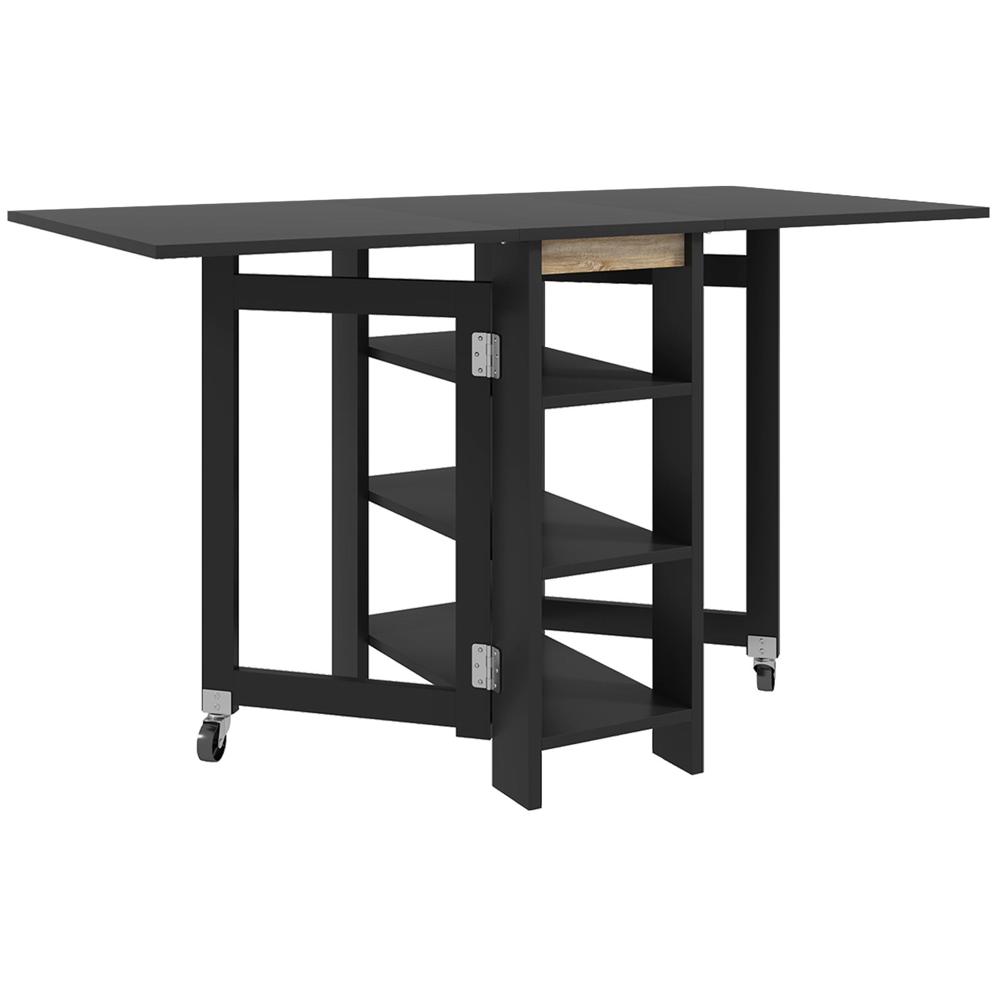 Mesa de Cozinha com Laterais Dobráveis Mesa de Refeição com 2 Rodas e Prateleiras Estilo Moderno 120x60x75 cm Preto