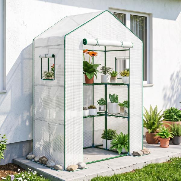 Estufa de Jardim com 1 Porta 2 Janelas e Prateleiras de 2 Níveis em Forma de U para Cultivo de Plantas 140x73x190 cm Branco