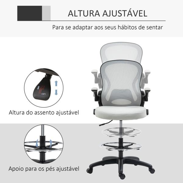 Cadeira de Escritório com Suporte Lombar Apoio para os Braços Dobrável e Altura Ajustável 59x65x102 - 122 cm Cinza