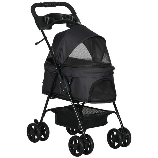 Carrinho para Cães Dobrável com Rodas Universáis Cesta de Armazenamento Correias de Segurança e Janelas 67x45x96 cm Preto