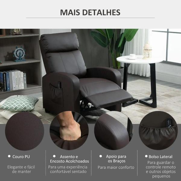 Poltrona de Massagem Reclinável com 2 Zonas de Massagem 8 Programas e 5 Níveis de Intensidade 68x88x98 cm Marrom Escuro