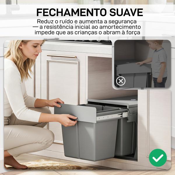 Balde de Lixo Embutido com 3 Recipientes Removíveis Capacidade Total 31L (15L+8Lx2) 48x34,3x35,1 cm Cinzento Claro