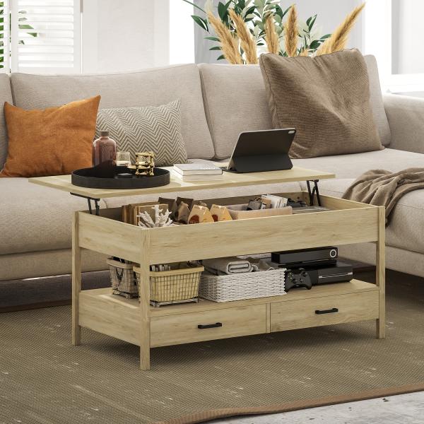 Mesa de Centro com Bancada Elevável Espaço Oculto de Armazenamento Gavetas e Prateleira Aberta 100x50x48 - 62 cm Carvalho