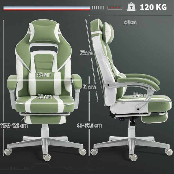 Cadeira Gamer Reclinável com Altura Ajustável Apoio para os Pés Retrátil Suporte Lombar e Almofada de Cabeça Amovível Verde