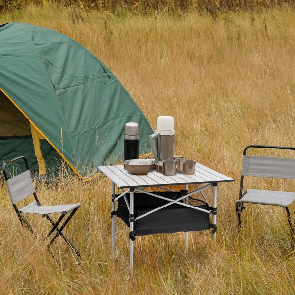 Mesa Dobrável de Campismo Mesa de Piquenique com Armazenamento e Bolsa de Transporte 70x70x69 cm Prata e Preto