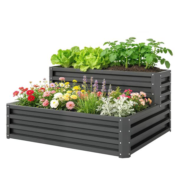 Caixa de Plantio de 2 Níveis Floreira Exterior de Aço com Desenho de Escada para Cultivos 120x101x58 cm Cinza Escuro