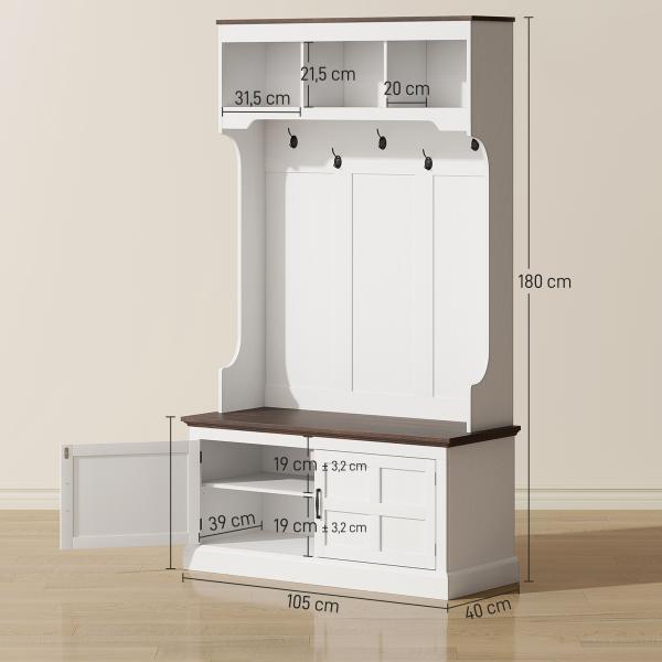 Móvel Cabide de Entrada com Banco Sapateira 5 Ganchos 3 Prateleiras Armário e Compartimentos Estilo Rústico 105x40x180 cm Branco
