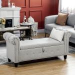 Banco de Pé de Cama de Linho com Dobradiças na Tampa Pés de Madeira e Apoio para os Braços 146,5x49x74,5cm Cinza Claro