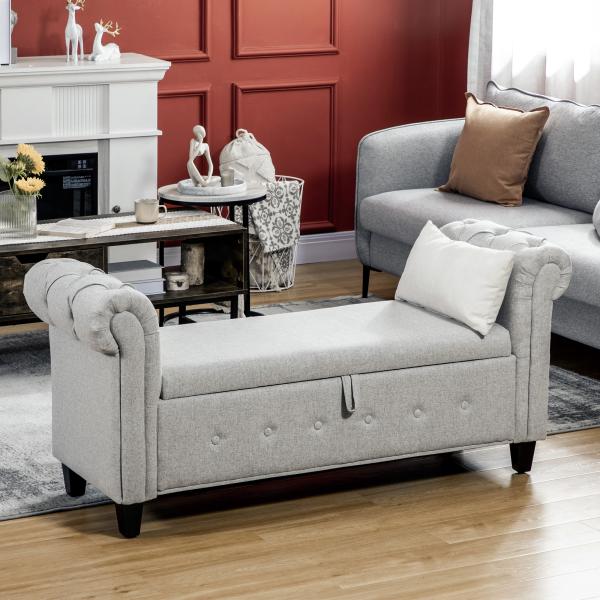 Banco de Pé de Cama de Linho com Dobradiças na Tampa Pés de Madeira e Apoio para os Braços 146,5x49x74,5cm Cinza Claro