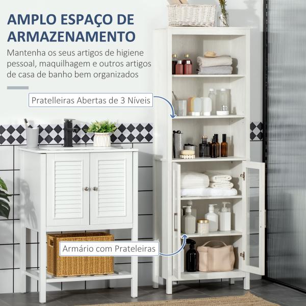 Armário Alto de Casa de Banho com 2 Portas de Vidro e 3 Prateleiras Armário Auxiliar Estilo Moderno 53x30x162cm Branco