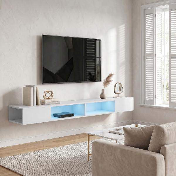 Móvel de TV Suspenso com Luzes LED e Estantes Abertas para Televisão até 75'' 177,8x30x18 cm Branco
