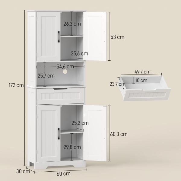 Armário Despenseiro de Cozinha 172 cm com Bancada Aberta, 4 Portas, Gaveta e 2 Prateleiras Ajustáveis, Branco