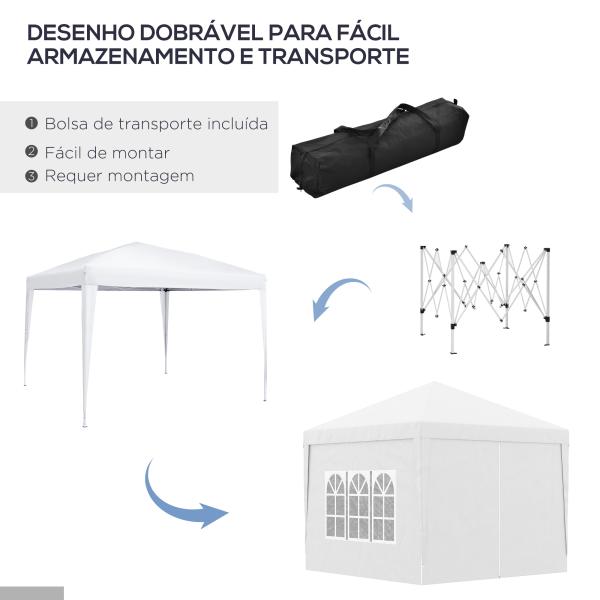 Tenda de Jardim com Paredes Laterais Amovíveis Janelas Porta com Zíper e Bolsa de Transporte 295x295x196 - 258 cm Branco