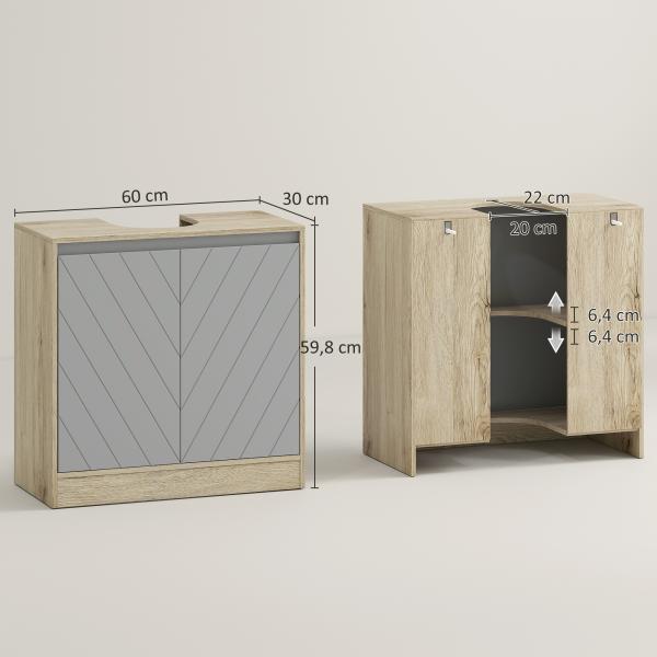 Móvel para Lavatório Casa de Banho com Porta Dupla e Prateleira Ajustável Carga 50kg 60x30x59,8 cm Carvalho e Cinza