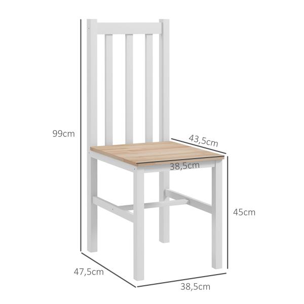 Conjunto de 2 Cadeiras de Sala de Jantar com Encosto de Ripas Estrutura de Madeira de Pinho 38,5x47,5x99 cm Branco