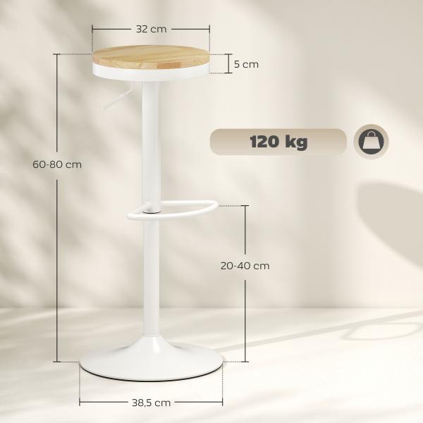 Conjunto de 2 Bancos de Bar Giratórios Bancos Altos de Cozinha com Descanso para Pés 38,5x38,5x60 - 80 cm Madeira e Branco