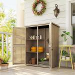 Armário de Jardim de Madeira 0,83 m² 127x65x168 cm com 2 Portas de Persiana 2 Prateleiras 2 Alças e Telhado Impermeável Natural