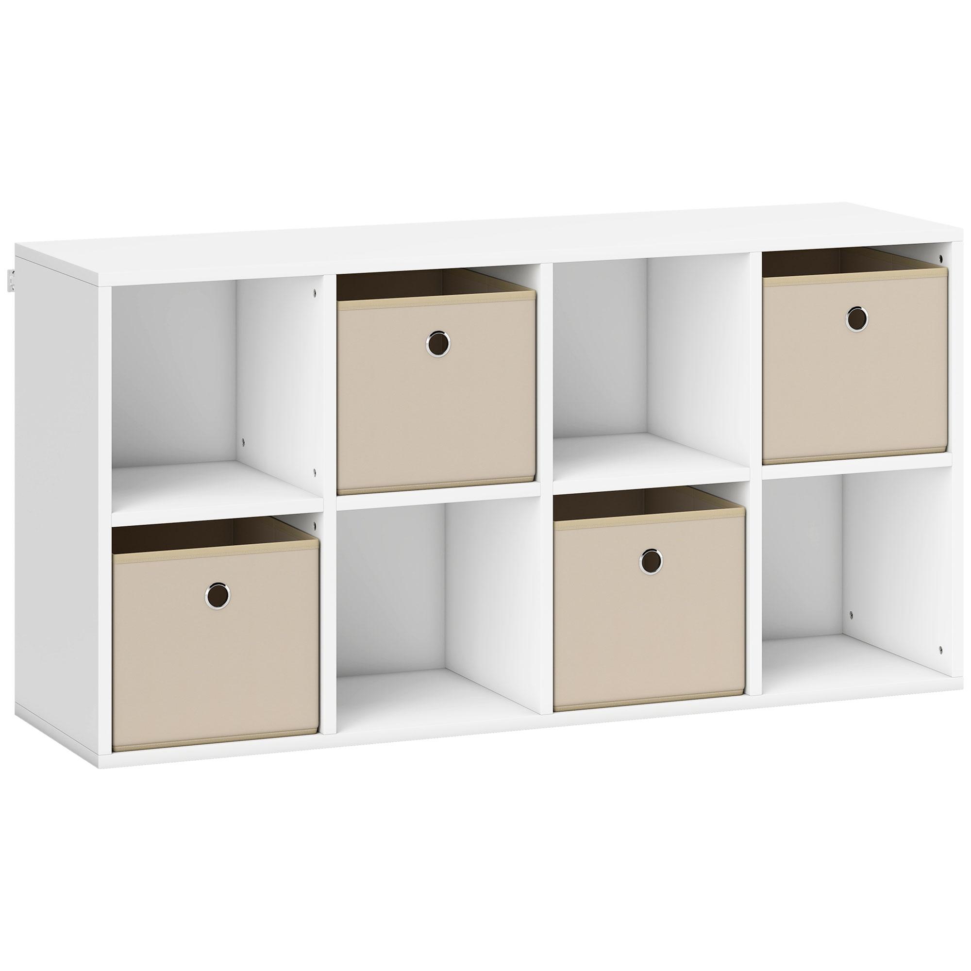 Estante Cubo Estante de Armazenamento Horizontal ou Vertical com 8 Compartimentos e 4 Gavetas de Tecido 53,7x30x79,8 cm Branco e Bege