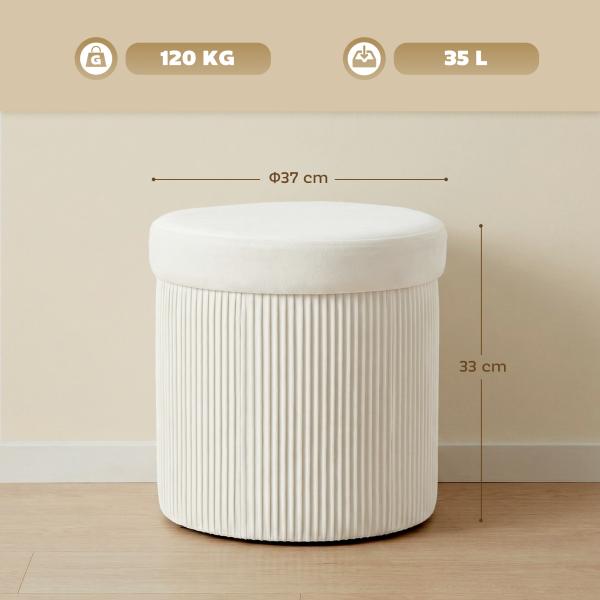 Puff de Arrumação Banco de Arrumação Dobrável 35 L 38x38x38 cm Estofado em Veludo Baú de Arrumação Redondo Creme