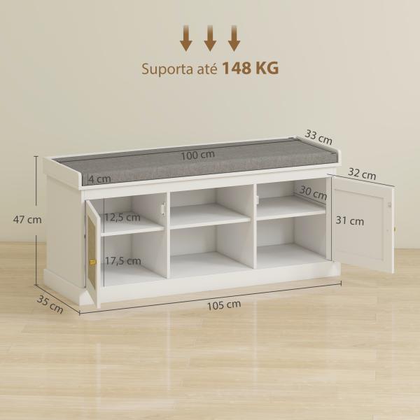 Banco Sapateira com Assento Acolchoado Portas em Vime e Prateleira Aberta para 9 Pares de Sapatos 105x35x47 cm Branco