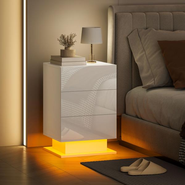 Mesa de Cabeceira com Faixa de Luz LED Multicolor Mesa Auxiliar com 3 Gavetas Estilo Moderno 40x35x60 cm Branco Brilhante